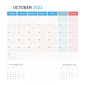 October 2022 Planner Calendar Week starts on Monday. Royalty Free Stock Photo