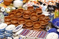 30 October 2021, Pune, India, A street shop with oriental ceramics. Teapots, plates and bowls. Bowls, plates and tea cups in Royalty Free Stock Photo