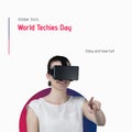 October 3rd is world techies day text with happy caucasian woman in vr headset