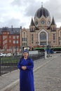 October 5, 2023, Russia, Kaliningrad, new Kaliningrad synagogue, a Jewish woman in a Kisuy Rosh headdress against the