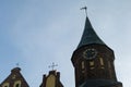 October 2, 2023, Russia, Kaliningrad, top of the cathedral with a clock