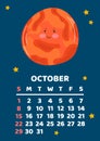 October. Space calendar planner 2023. Weekly scheduling, planets, space objects. Week starts on Sunday. Mars