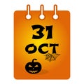 October 31 st calendar colored icon. Halloween. Black inscription with pumpkin and cobweb. Vector illustration