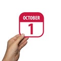 october 1st. Day 1 of month, hand hold simple calendar icon with date on white background. Planning. Time management. Set of Royalty Free Stock Photo