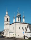 Suzdal, Vladimir region, Russia - A tourist in front of the entrance to the Smolensk Church in Suzdal