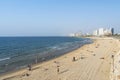 October, 21, 2018 - Tel-Aviv, Israel - Panoramic view of the Tel-Aviv public beach on Mediterranean sea, sandy coastline Royalty Free Stock Photo