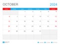 October 2024 template-Calendar 2024 design , Desk Calendar 2024 template, Planner simple, Week starts Sunday, Stationery, Wall