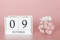 October 09th. Day 9 of month. Calendar cube on modern pink background, concept of bussines and an importent event Royalty Free Stock Photo