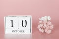 October 10th. Day 10 of month. Calendar cube on modern pink background, concept of bussines and an importent event