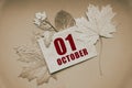 october 01. 01th day of month, calendar date.Envelope with the date and month, surrounded by autumn leaves on brown