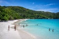 October 20th 2018 - Praslin, Seychelles - Tourists enjoying the calm and clean sea water of Anse Lazio in Seychelles