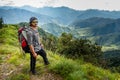 Adventurous hiker, red backpack, mirrored sunglasses, explores Shivalik Mountains with breathtaking valley and majestic peaks