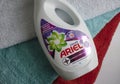 October 1, 2022 Ukraine city Kyiv 2022 Ukraine fragrance Ariel liquid powder, towel color plastic cleanse