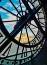 October 2020: View over Louvre from inside Musee Orsay in Paris, iconic clock on an autumn sunny afternoon