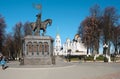Vladimir, Russia - Tourists in front of the Monument to Prince Vladimir and St. Theodore in Vladimir