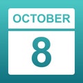 October 8. White calendar on a colored background. Day on the calendar. Eighth of october. Blue green background with gradient.