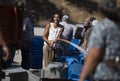 9 October 2019 - Workers from `Symington Family Estates` vineyards, washing the grapes baskets. Royalty Free Stock Photo