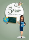 5 October World Teachers` day- teacher with pointer and globe board pencils and book-Vector Illustration