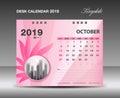 Calendar 2019, OCTOBER Month, Desk Calendar Template vector design, pink flower concept