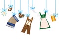 Octoberfest background, lederhosen, dirndl, edelweiss, pretzel hanging on blue line