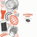 Octoberfest banner template. Vector hand drawn illustrations. Greeting Beer festival design in retro style. Autumn background