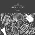 Octoberfest banner. Vector hand drawn illustrations on chalk board. Greeting Beer festival design template in retro style. Autumn