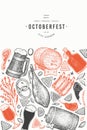 Octoberfest banner. Vector hand drawn illustrations. Greeting Beer festival design template in retro style. Autumn background