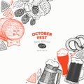 Octoberfest banner. Vector hand drawn illustrations. Greeting Beer festival design template in retro style. Autumn background