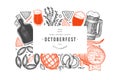 Octoberfest banner. Vector hand drawn illustrations. Greeting Beer festival design template in retro style. Autumn background