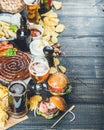 Octoberfest beer and snacks set on dark background, copy space Royalty Free Stock Photo