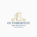 Octoberfest Best Beer Festival Abstract Vector Sign, Symbol or Logo Template. Hand Drawn Beer Mug Sketch with Hops and