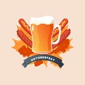 octoberfest emblem beer, sausage and leafy background