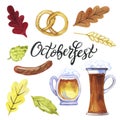 Octoberfest hand drawn watercolor lettering, festival symbols. Full glass and mug of beer with foam, barley, pretzel, sausage and Royalty Free Stock Photo