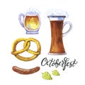 Octoberfest hand drawn watercolor lettering, festival symbols. Full glass and mug of beer with foam, pretzel, sausage and hop on w Royalty Free Stock Photo