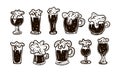 Octoberfest. Vector beer glasses and mugs in doodle style. Drink beer. Vector illustration. Vector set of beer glasses Royalty Free Stock Photo