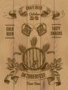 Octoberfest vintage poster with beer barrel and mug hop and barley on wooden planks
