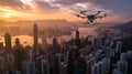 Octocopter Drone Aerial View. Bustling Cityscape With Expansive Waterfront Royalty Free Stock Photo