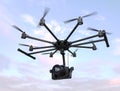 Octocopter with DSLR camera flying in the sky