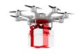 octocopter with gift box on white background. Isolated 3d illustration