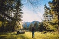 Octomber 07, 2019. Arkhyz, Russia. Alone men staing in the mountain forest Royalty Free Stock Photo