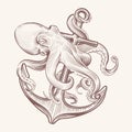 Octopus with anchor. Sketch sea kraken squid holding ship anchor. Octopus navy tattoo vector vintage design Royalty Free Stock Photo