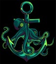 octopus around the anchor on black background vector illustration design Royalty Free Stock Photo