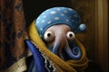 Octopus with a Pearl Earring in Johannes Vermeer style illustration generative ai