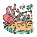 Octopus attack skull on beach illustration