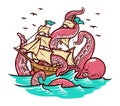 The octopus attacks the sailing ship vector illustration Royalty Free Stock Photo