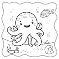 Octopus black and white. Coloring book or Coloring page for kids. Marine background