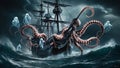 Octopus boarding the ghost ship during a stormy storm Royalty Free Stock Photo