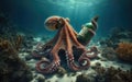 An octopus at the bottom of the ocean, near the reef holding a bottle in its tentacles