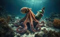 An octopus at the bottom of the ocean, near the reef holding a bottle in its tentacles Royalty Free Stock Photo