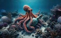 An octopus at the bottom of the ocean, near the reef holding a bottle in its tentacles